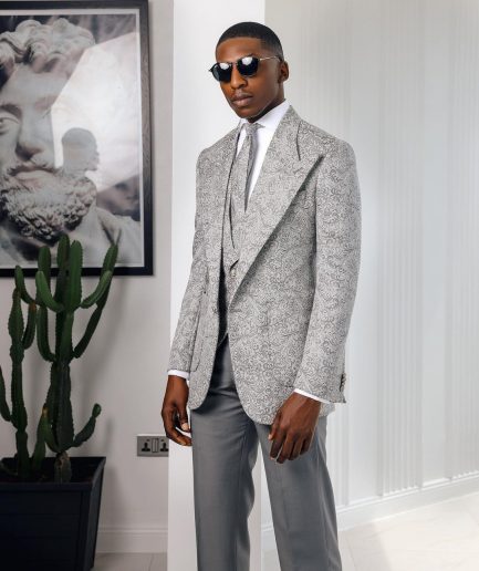 A Light grey & black floral jacquard peak lapel suit.