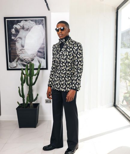 A Charcoal Black, insect element, metallic jacquard shawl lapel wrap suit