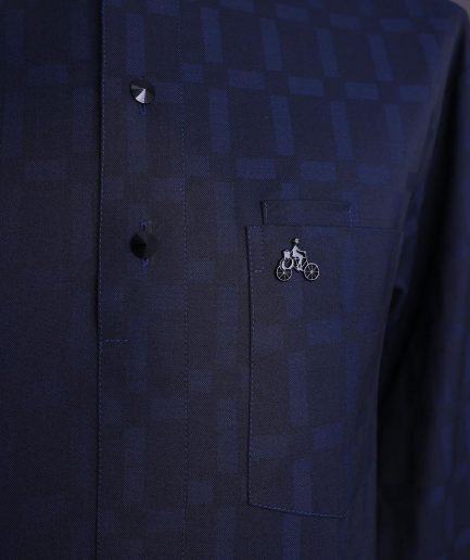 A Midnight blue, broken rectangle and square pattern, jorgecarli, front flap with black Swarovski button, long sleeve African senator kaftan native.