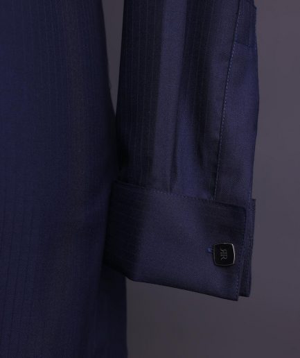 A Midnight blue,invisible stripe, jorgecarli, front flap with silver Swarovski button, long sleeve African senator kaftan native.