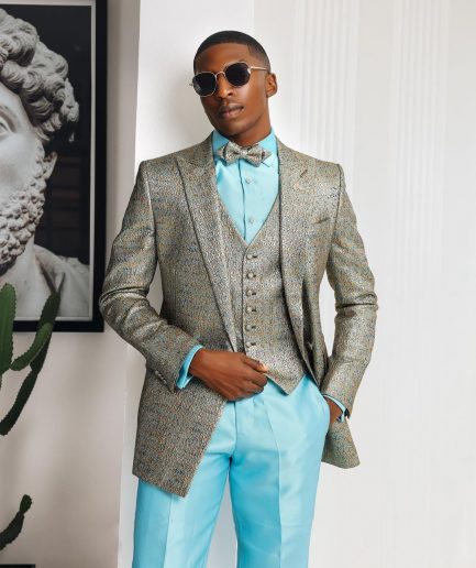 A Splashed gold & turquoise blue metallic jacquard double-breasted suit