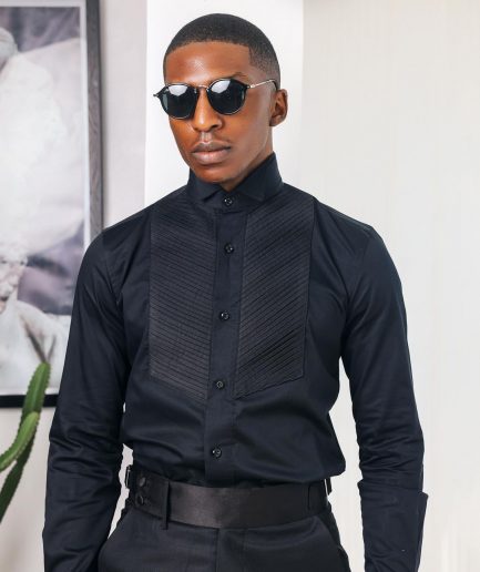 A Black, Wing Collar, Pleated Evening Tuxedo Shirt.