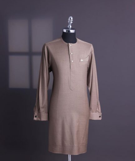 A Light brown, jorgecarli fabric, front flap with silver Swarovski button, long sleeve African senator kaftan native.