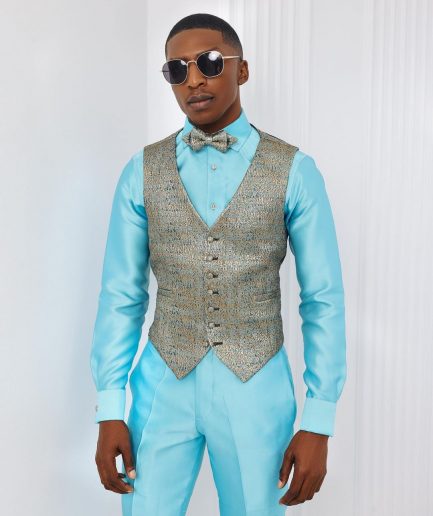 A Splashed gold & turquoise blue metallic jacquard classic waist coat with layered back cut.