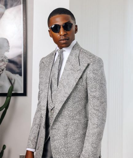 A Light grey & black floral jacquard peak lapel suit.