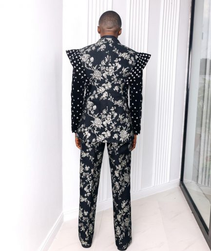 A “Vegas 2”, Floral pattern jacquard, Elevated shoulder and sleeve with Swarovski details peak Lapel tux suit