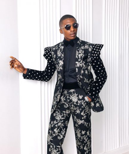 A “Vegas 2”, Floral pattern jacquard, Elevated shoulder and sleeve with Swarovski details peak Lapel tux suit