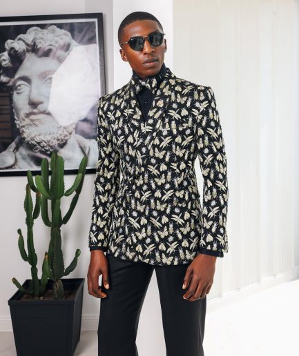 A Charcoal Black, insect element, metallic jacquard shawl lapel wrap suit