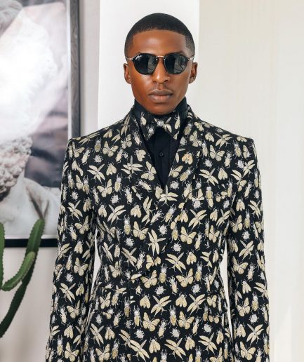 A Charcoal Black, insect element, metallic jacquard shawl lapel wrap suit
