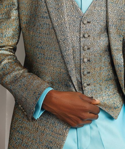 A Splashed gold & turquoise blue metallic jacquard double-breasted suit