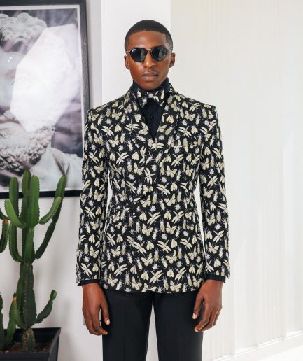 A Charcoal Black, insect element, metallic jacquard shawl lapel wrap suit