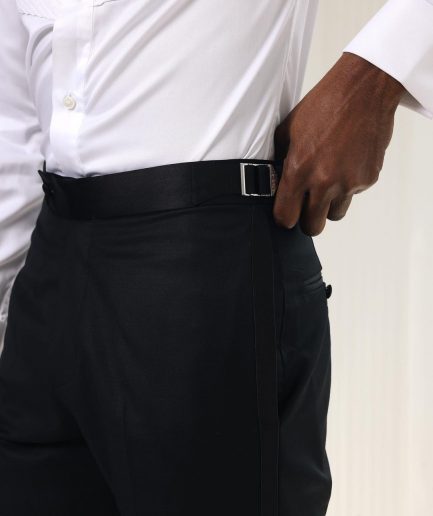 A Straight Cut, charcoal black, side metal adjuster and silk taping tuxedo pant
