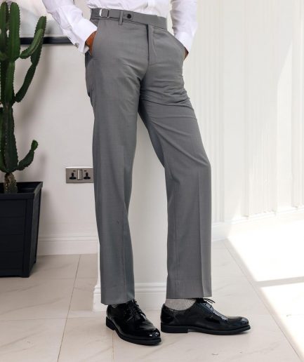 A light grey, Gurkha pant with back and side metal adjuster.