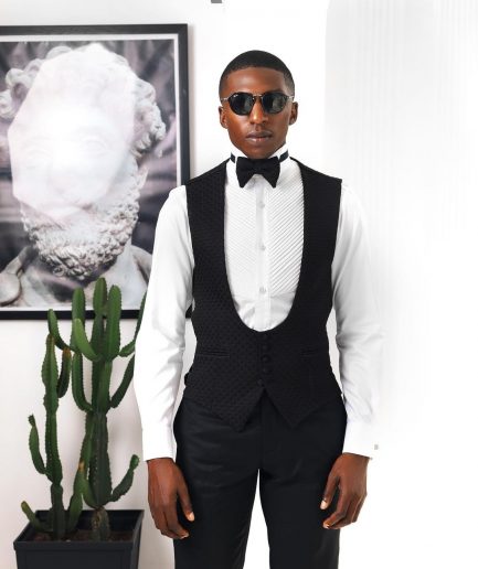 A Charcoal Black U-Cut waist coat with layered back cut.