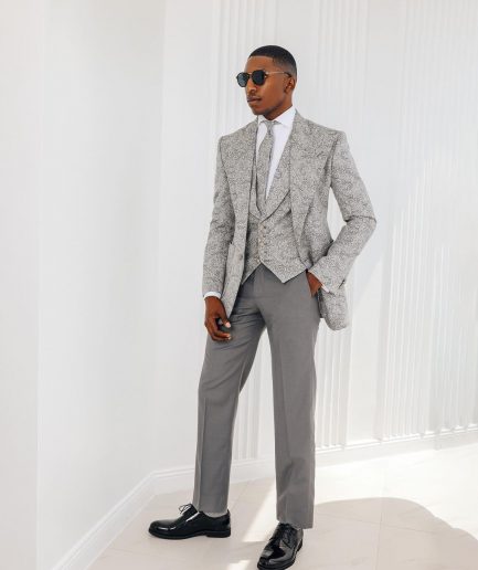 A Light grey & black floral jacquard peak lapel suit.