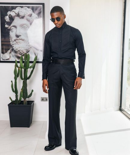 A Black, Wing Collar, Pleated Evening Tuxedo Shirt.