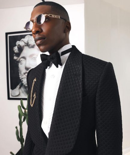 A Charcoal Black, Square Patterned jacquard shawl lapel tuxedo suit