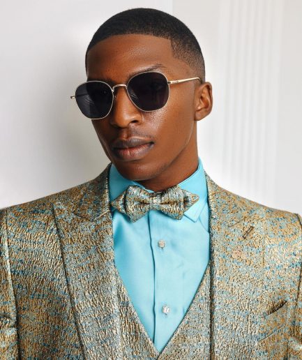 A Splashed gold & turquoise blue metallic jacquard double-breasted suit