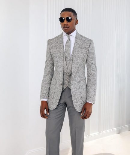 A Light grey & black floral jacquard peak lapel suit.