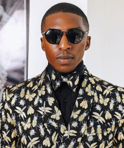 A Charcoal Black, insect element, metallic jacquard shawl lapel wrap suit