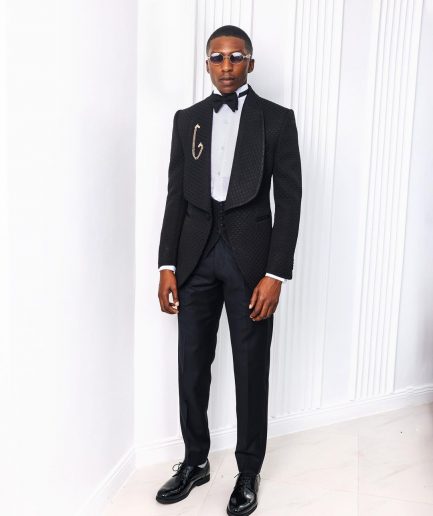 A Charcoal Black, Square Patterned jacquard shawl lapel tuxedo suit