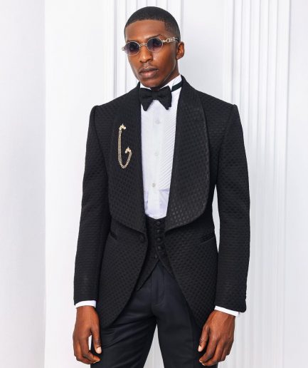 A Charcoal Black, Square Patterned jacquard shawl lapel tuxedo suit