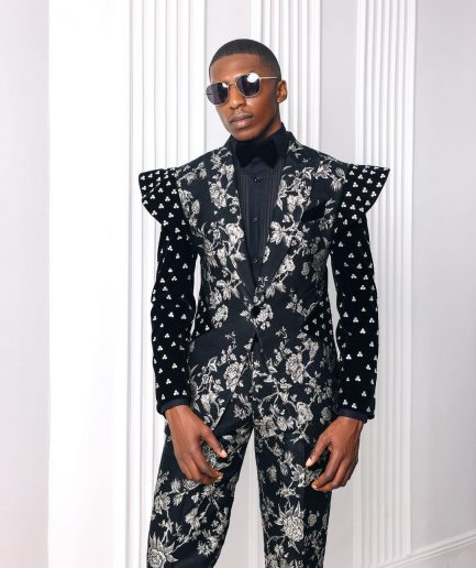 A “Vegas 2”, Floral pattern jacquard, Elevated shoulder and sleeve with Swarovski details peak Lapel tux suit