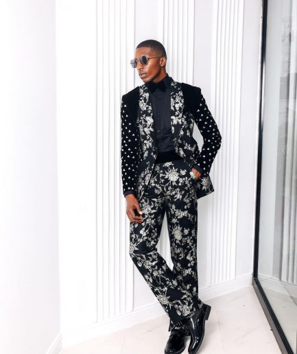 A “Vegas 1”, Floral pattern jacquard, shoulder wrap and sleeve with Swarovski peak Lapel tux suit
