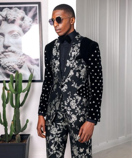 A “Vegas 1”, Floral pattern jacquard, shoulder wrap and sleeve with Swarovski peak Lapel tux suit