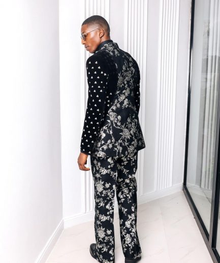 A “Vegas 1”, Floral pattern jacquard, shoulder wrap and sleeve with Swarovski peak Lapel tux suit