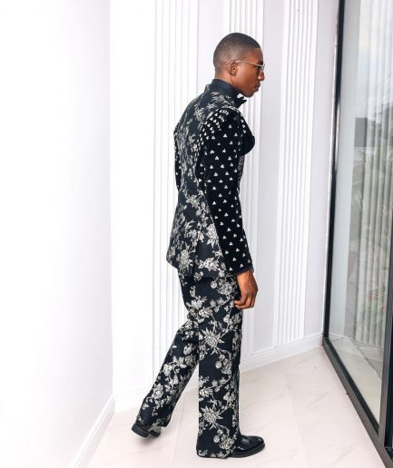 A “Vegas 2”, Floral pattern jacquard, Elevated shoulder and sleeve with Swarovski details peak Lapel tux suit
