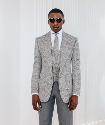A Light grey & black floral jacquard peak lapel suit.