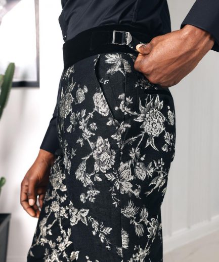 A trumpet cut, floral jacquard, high waist, Gurkha pant with side metal adjuster tuxedo pant