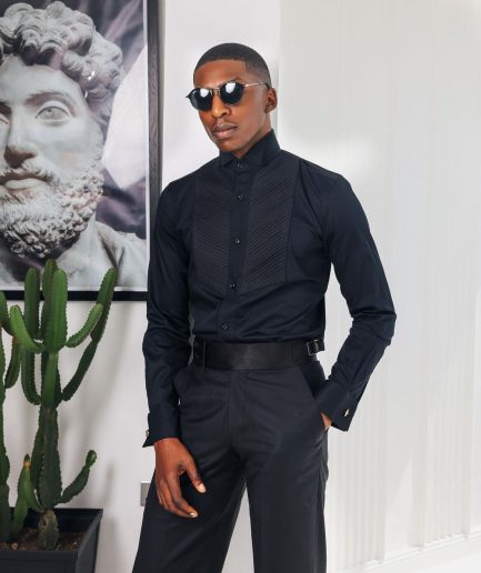 A Black, Wing Collar, Pleated Evening Tuxedo Shirt.