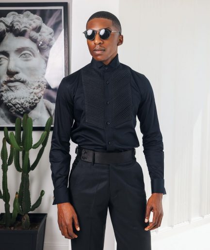 A Black, Wing Collar, Pleated Evening Tuxedo Shirt.