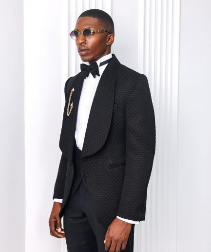 A Charcoal Black, Square Patterned jacquard shawl lapel tuxedo suit