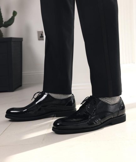 A Straight Cut, charcoal black, side metal adjuster and silk taping tuxedo pant