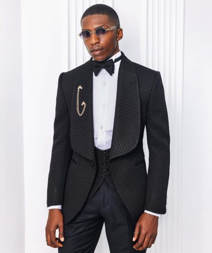 A Charcoal Black, Square Patterned jacquard shawl lapel tuxedo suit