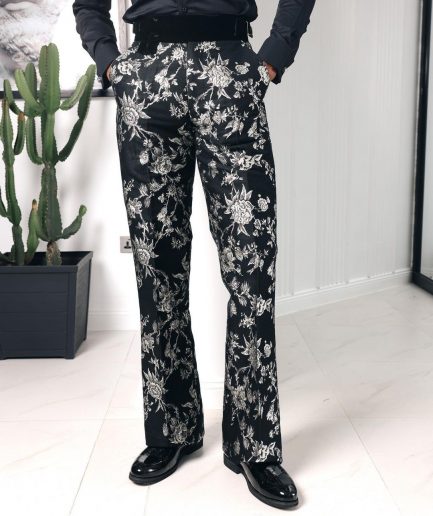 A trumpet cut, floral jacquard, high waist, Gurkha pant with side metal adjuster tuxedo pant