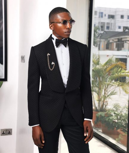 A Charcoal Black, Square Patterned jacquard shawl lapel tuxedo suit