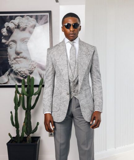 A Light grey & black floral jacquard peak lapel suit.