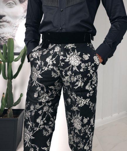 A trumpet cut, floral jacquard, high waist, Gurkha pant with side metal adjuster tuxedo pant
