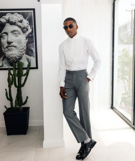 A White, Cut-Away Pleated Evening Tuxedo Shirt.