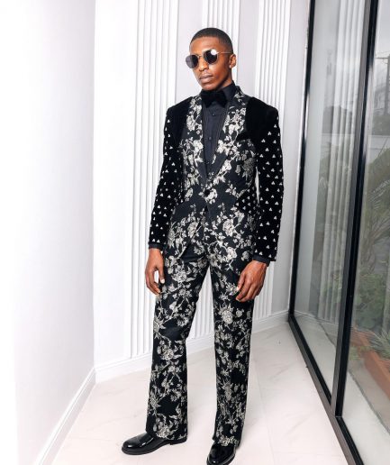 A “Vegas 1”, Floral pattern jacquard, shoulder wrap and sleeve with Swarovski peak Lapel tux suit