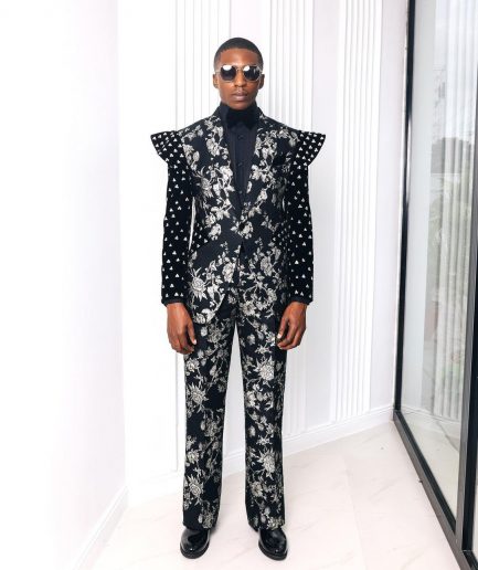 A “Vegas 2”, Floral pattern jacquard, Elevated shoulder and sleeve with Swarovski details peak Lapel tux suit