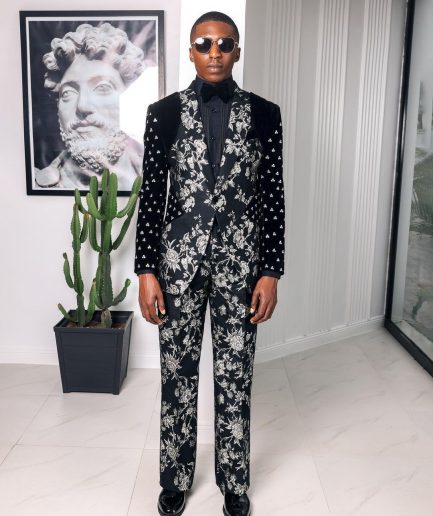 A “Vegas 1”, Floral pattern jacquard, shoulder wrap and sleeve with Swarovski peak Lapel tux suit