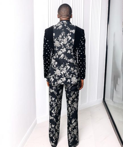 A “Vegas 1”, Floral pattern jacquard, shoulder wrap and sleeve with Swarovski peak Lapel tux suit