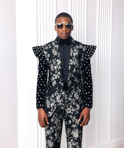 A “Vegas 2”, Floral pattern jacquard, Elevated shoulder and sleeve with Swarovski details peak Lapel tux suit