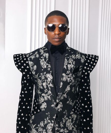 A “Vegas 2”, Floral pattern jacquard, Elevated shoulder and sleeve with Swarovski details peak Lapel tux suit
