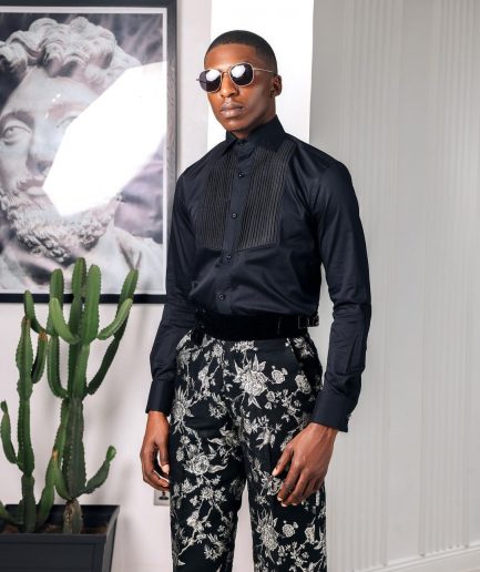 A Charcoal black, cut away collar, pleated evening tuxedo shirt.